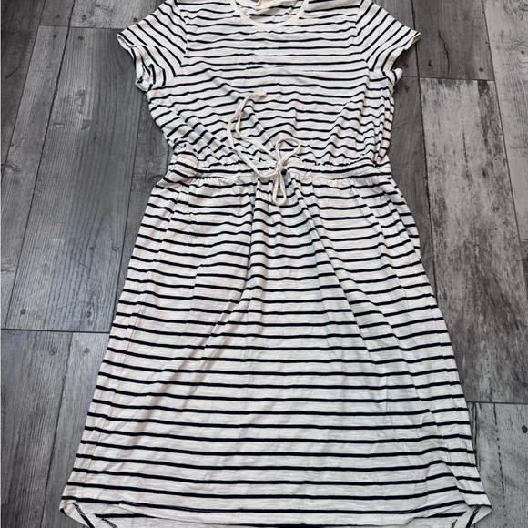Pact Perfect Slub Weekend Dress White Striped L Organic Cotton Drawstring Casual - Picture 3 of 8
